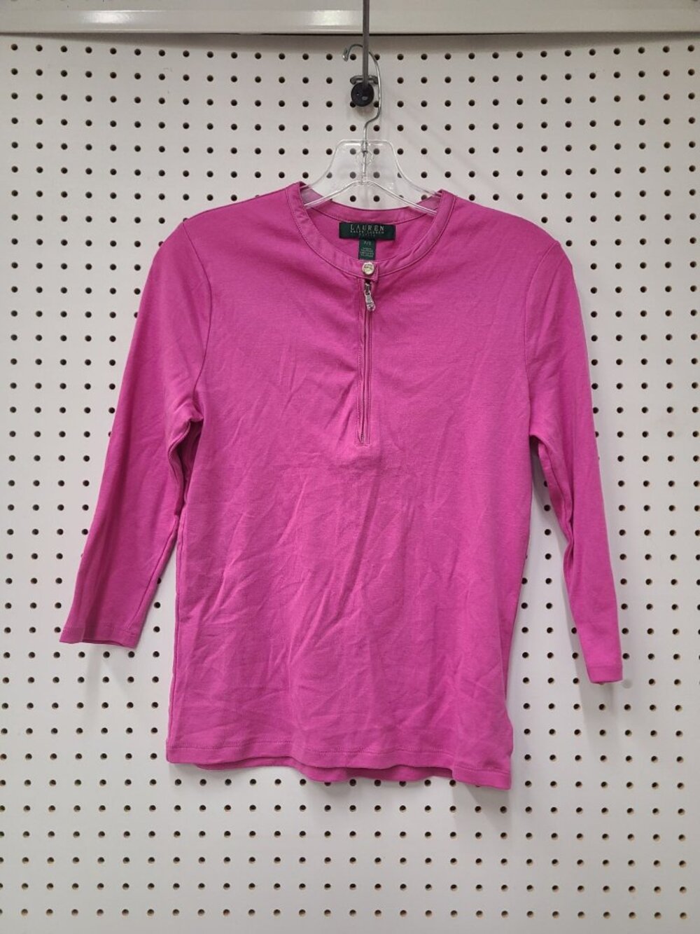 Lauren Ralph Lauren Petite Pink 3/4 Sleeve Cotton Zip-Up Top P/S